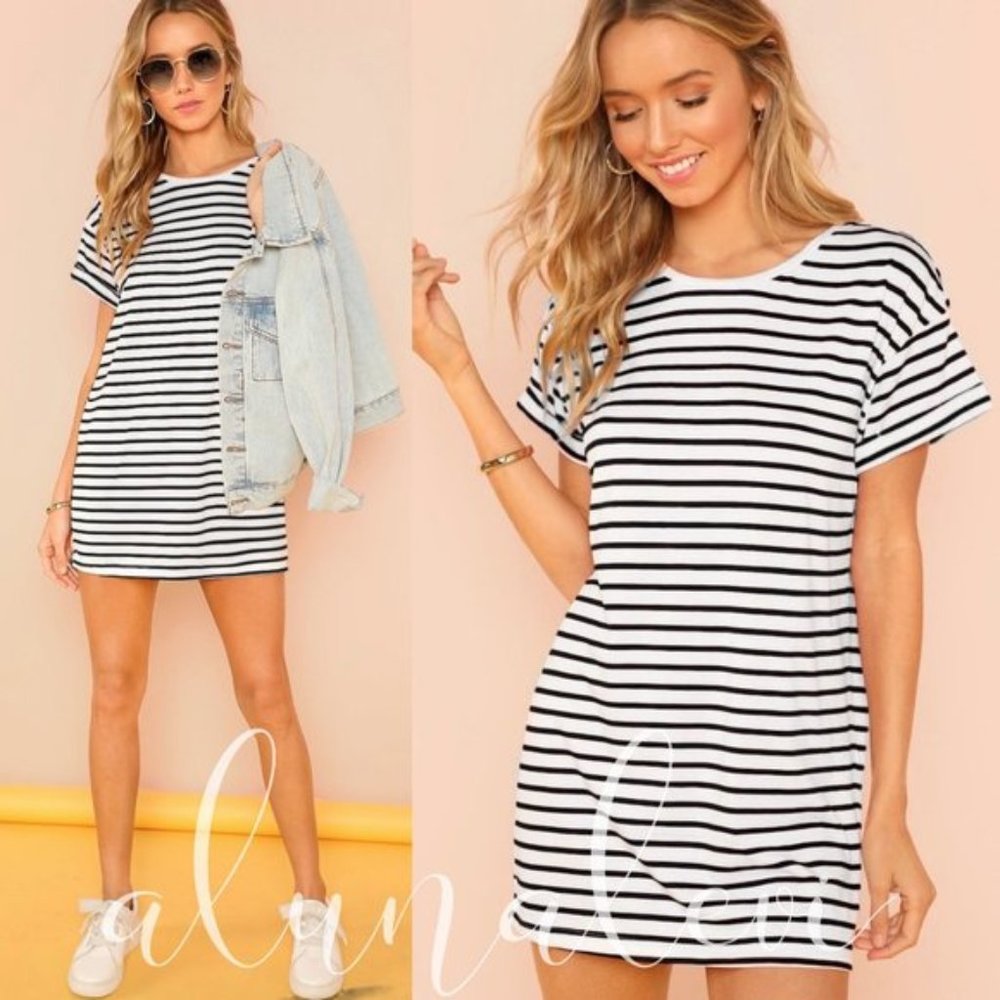 New! Short Sleeve Black and White Striped Dress